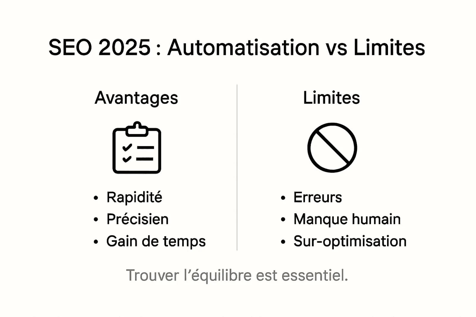 Automatisation du SEO : avantages, enjeux et principales limites présentés en infographie