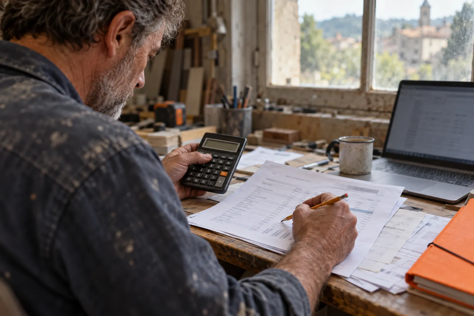 Un artisan fait ses comptes à la calculatrice devant une feuille de budget mensuel.