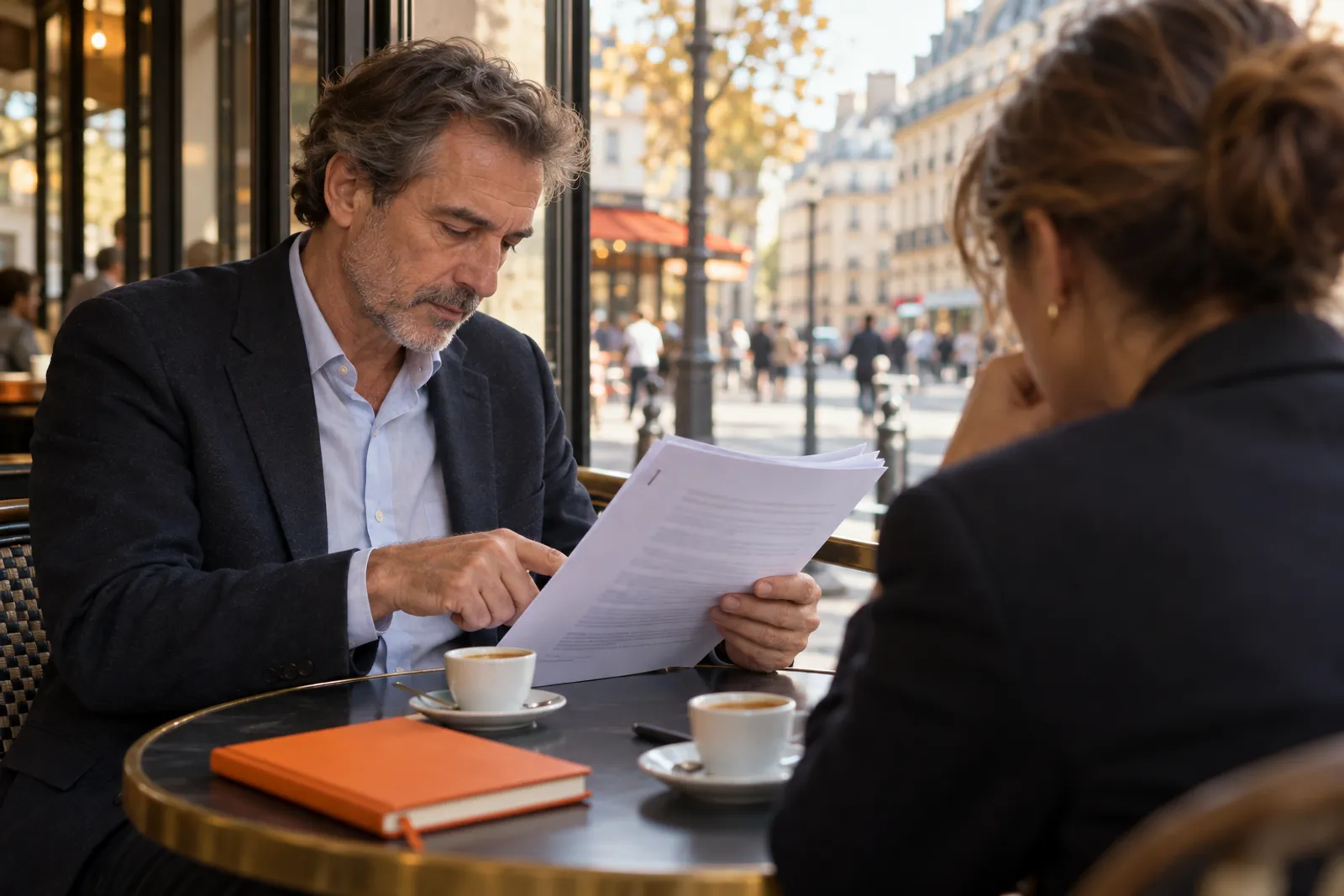 Un homme relit un contrat agrafé à une table de café, le doigt sur un paragraphe.