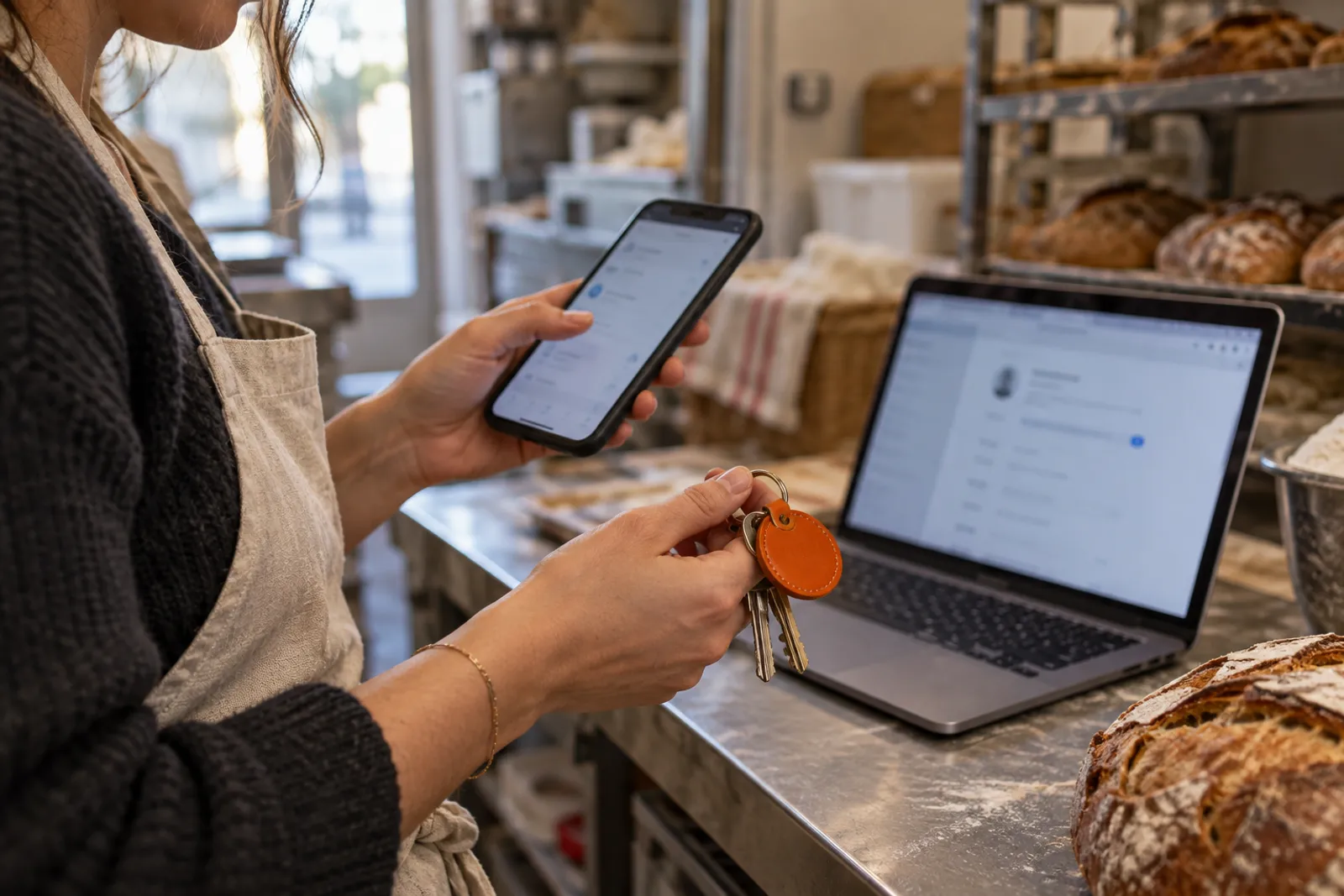 Une commerçante tient ses clés et son téléphone devant l’écran flou des réglages de son site.