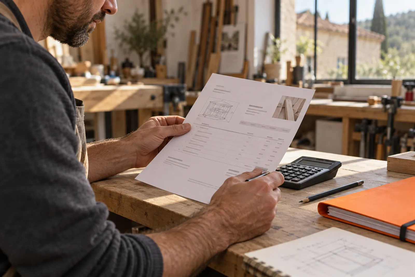 Les mains d’un artisan tiennent un devis imprimé à côté d’une calculatrice, sur son bureau d’atelier.