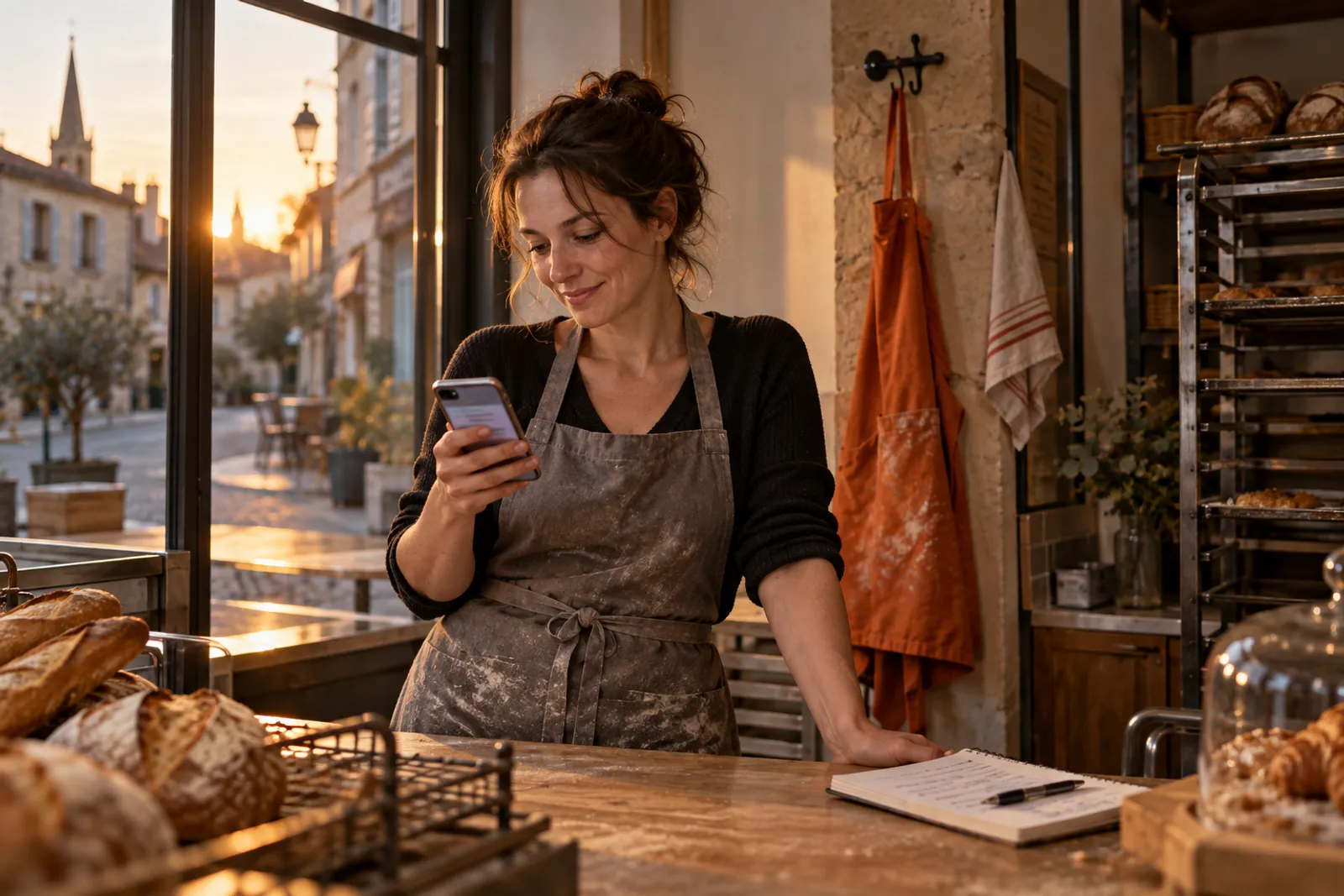 Une boulangère, après la fermeture, regarde sur son téléphone une réponse à l’écran flou.