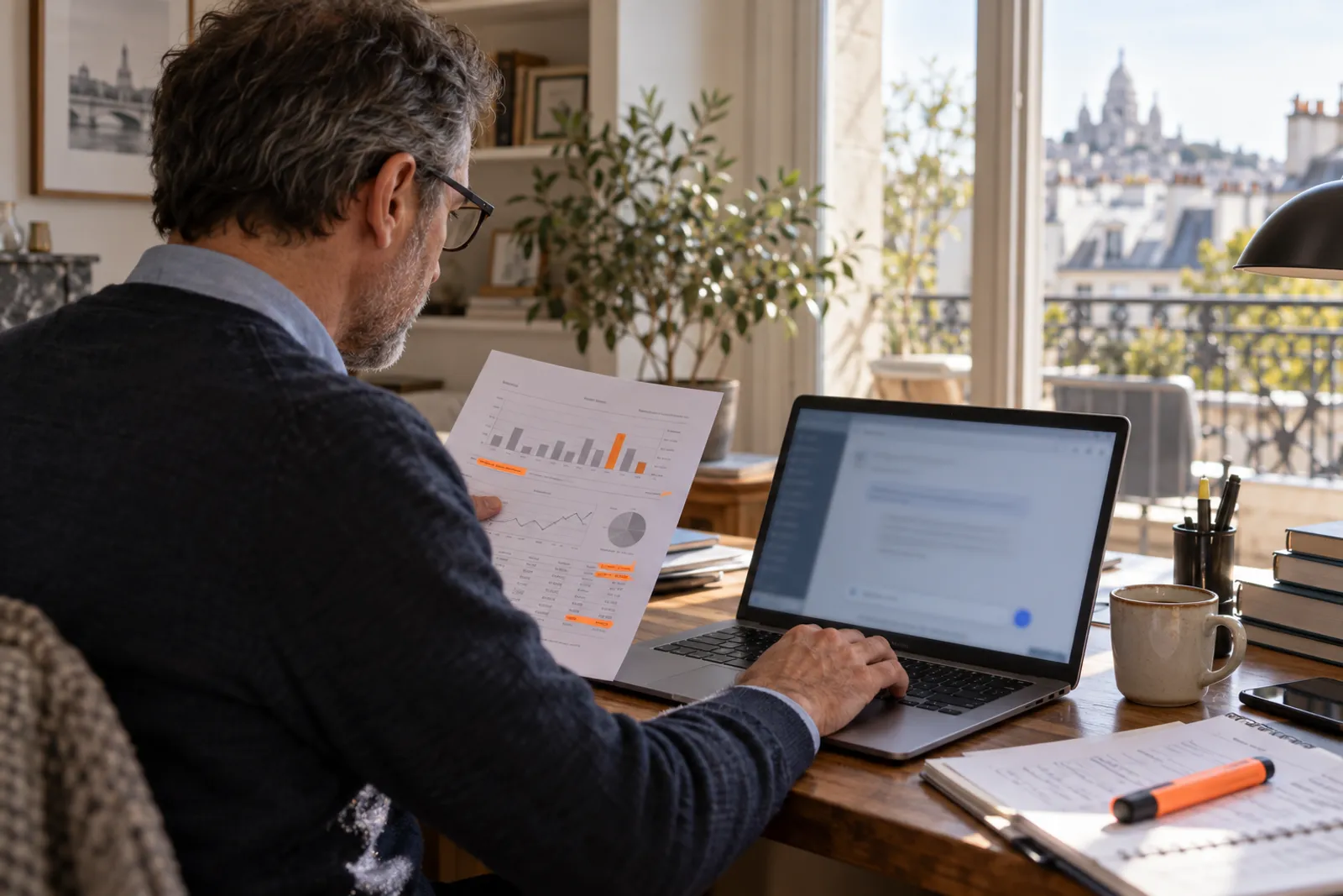 Un dirigeant tient un rapport mensuel surligné tout en posant une question sur son ordinateur.