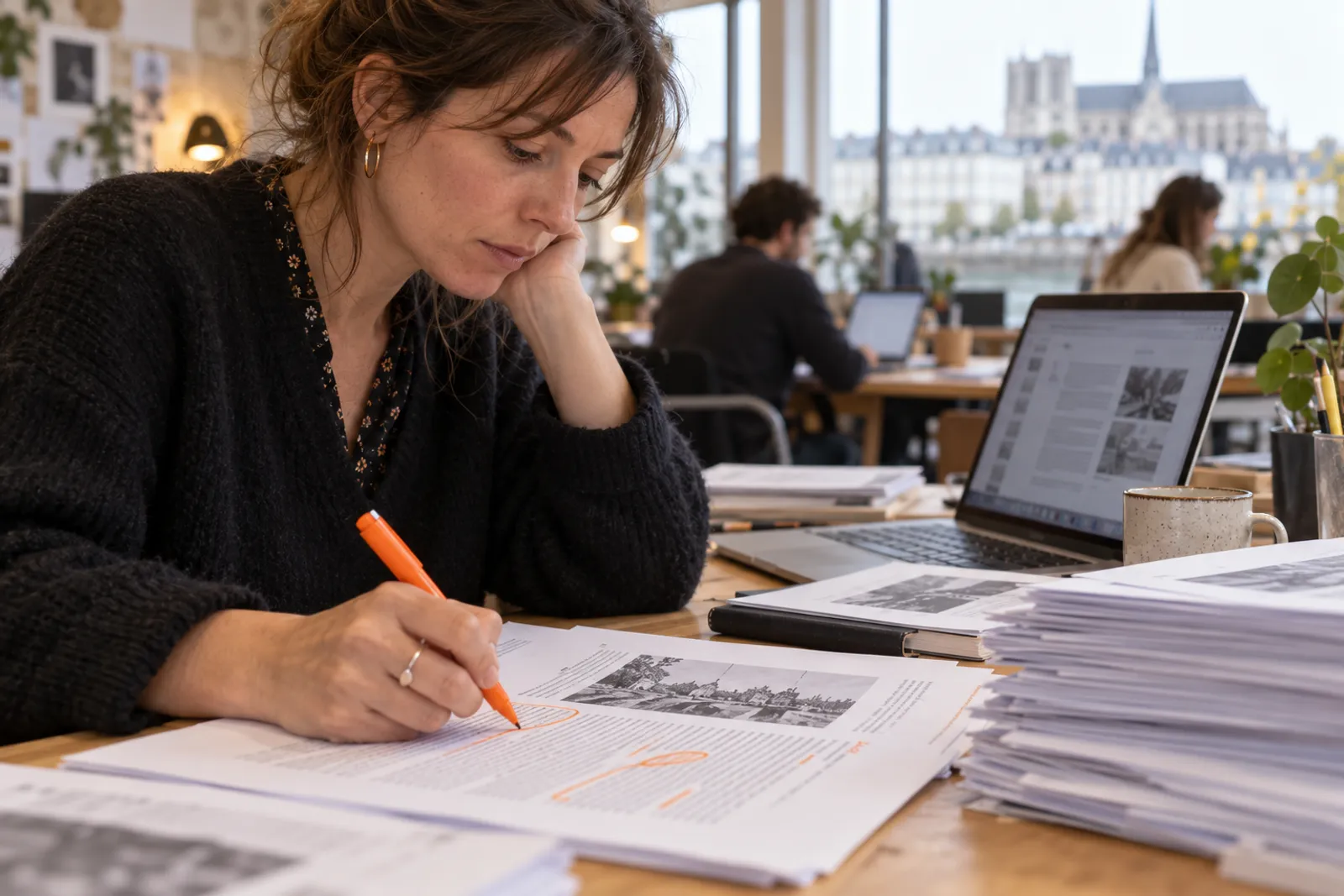 Une rédactrice relit un article imprimé, stylo à la main, et vérifie une source sur son ordinateur.