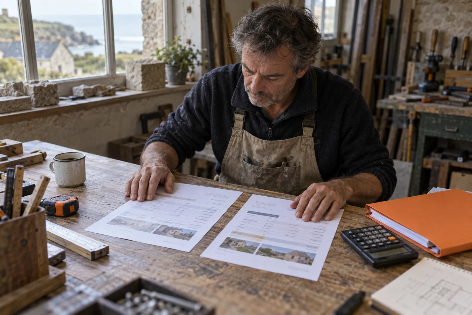 Un artisan compare deux devis imprimés posés côte à côte sur son bureau d’atelier.
