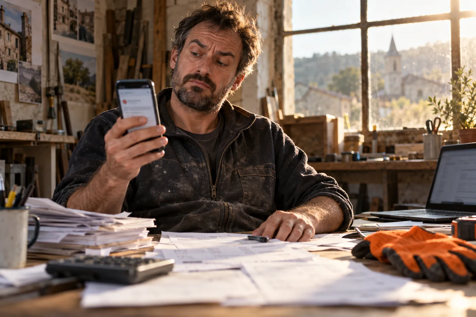 Un artisan regarde avec méfiance un e-mail non sollicité sur son téléphone.