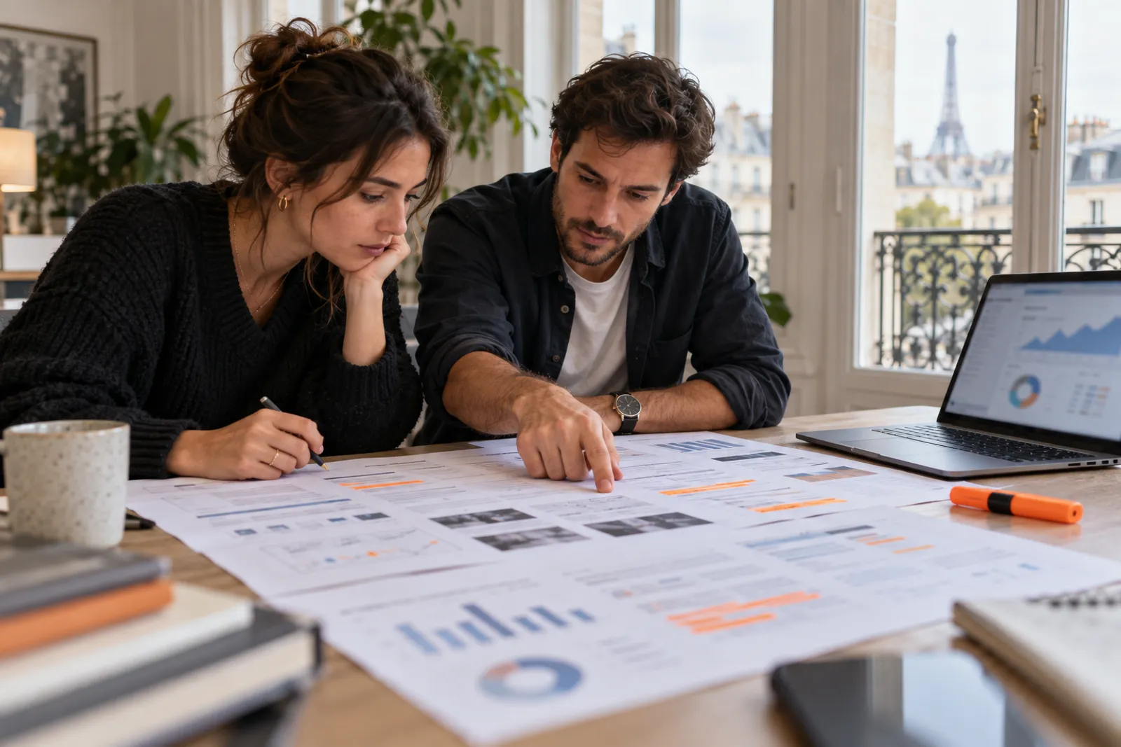 Deux consultants passent en revue un audit de site imprimé, étalé sur une table.