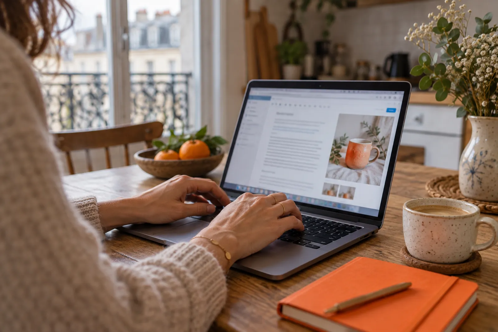 Les mains d’un commerçant rédigent un article de blog sur un ordinateur portable.