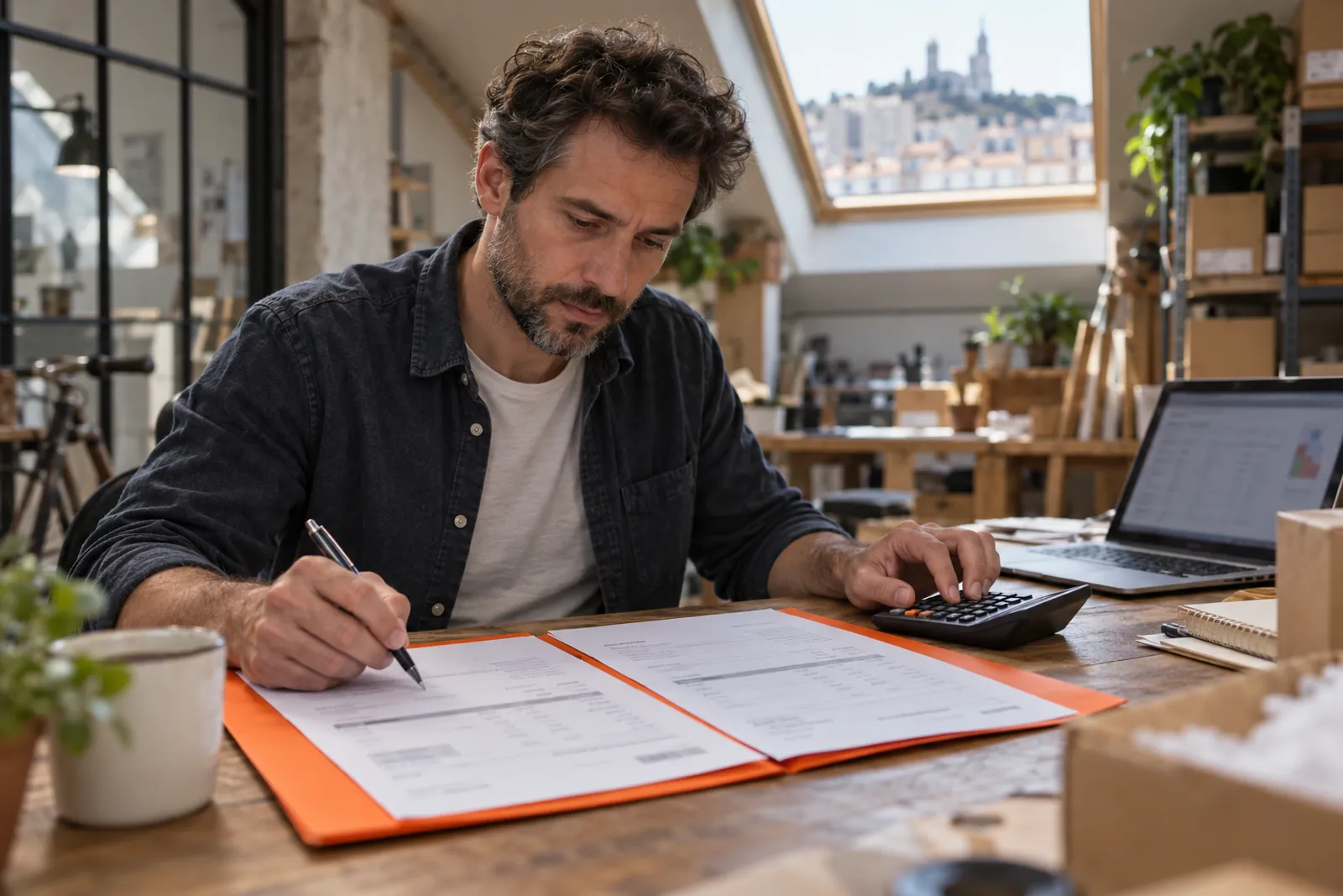 Un gérant de boutique en ligne compare deux devis posés côte à côte sur son bureau.