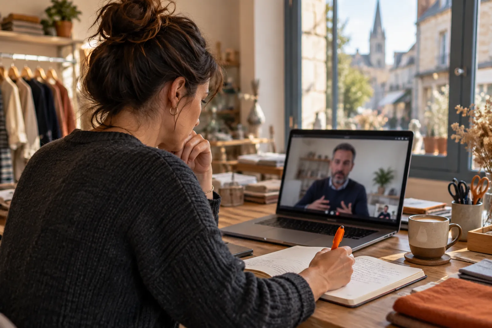 Une commerçante note ses questions pendant un appel vidéo avec un prestataire.