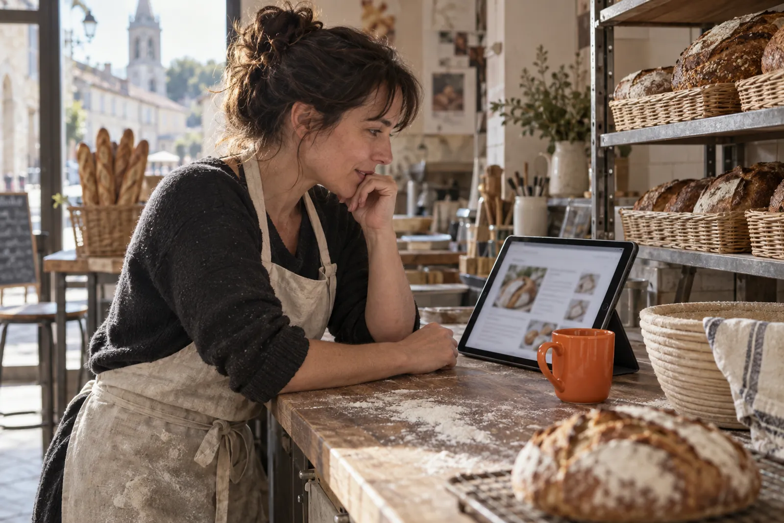 Un artisan boulanger consulte sur une tablette le blog de son site, au comptoir de sa boutique.