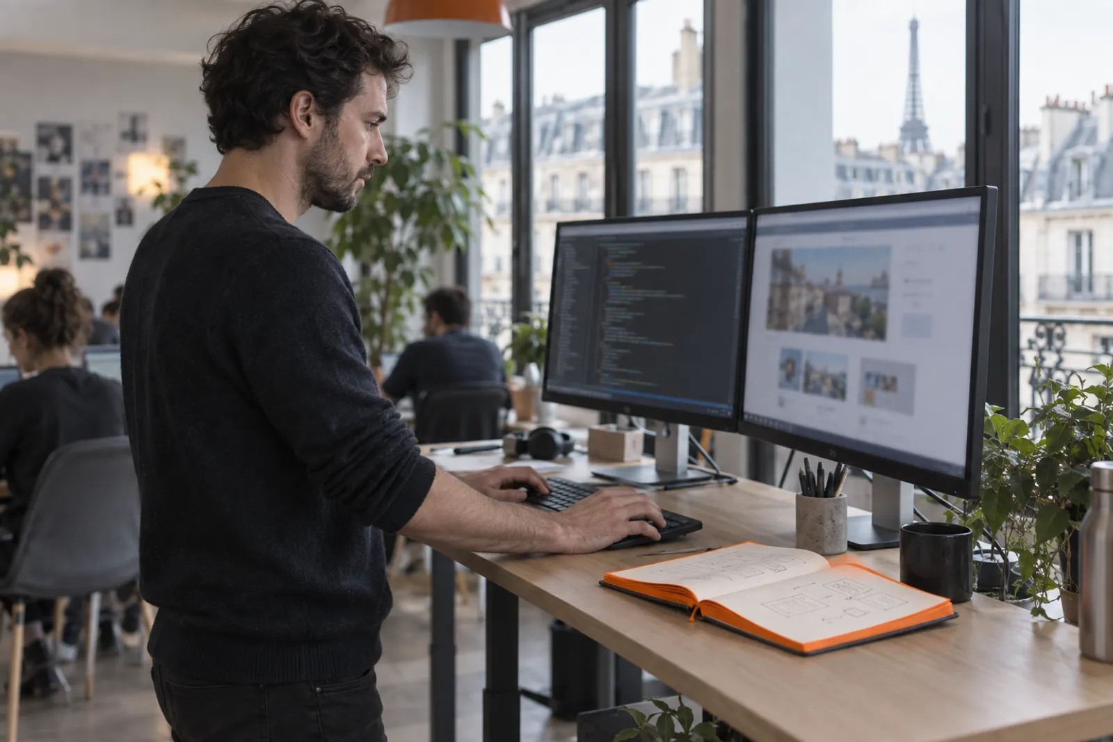 Un développeur travaille sur la structure d’un site, deux écrans devant lui, dans un espace de travail partagé.