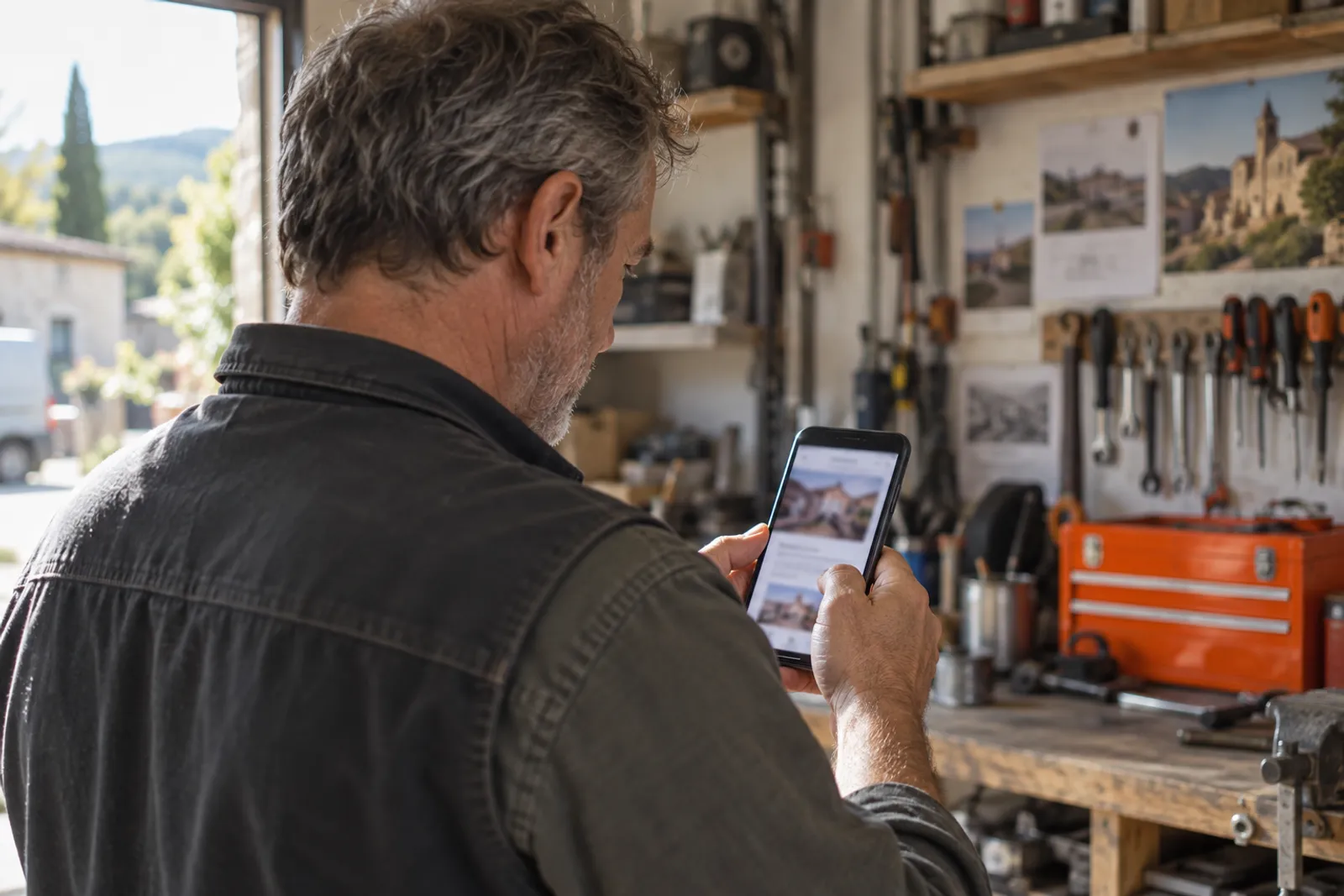 Un chef d’entreprise teste son site sur son téléphone, debout dans son atelier.