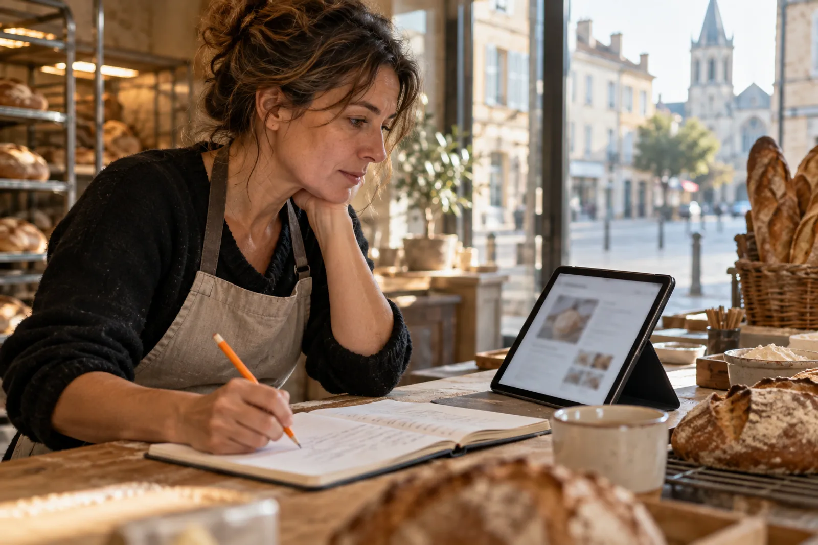 Une boulangère prend des notes sur un guide pour débutants avant l’ouverture de sa boutique.