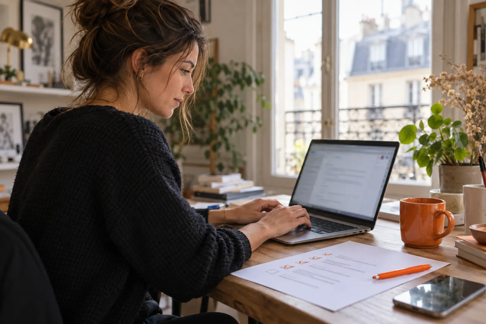 Un entrepreneur prépare un e-mail de questions aux agences, une liste cochée posée à côté de son ordinateur.