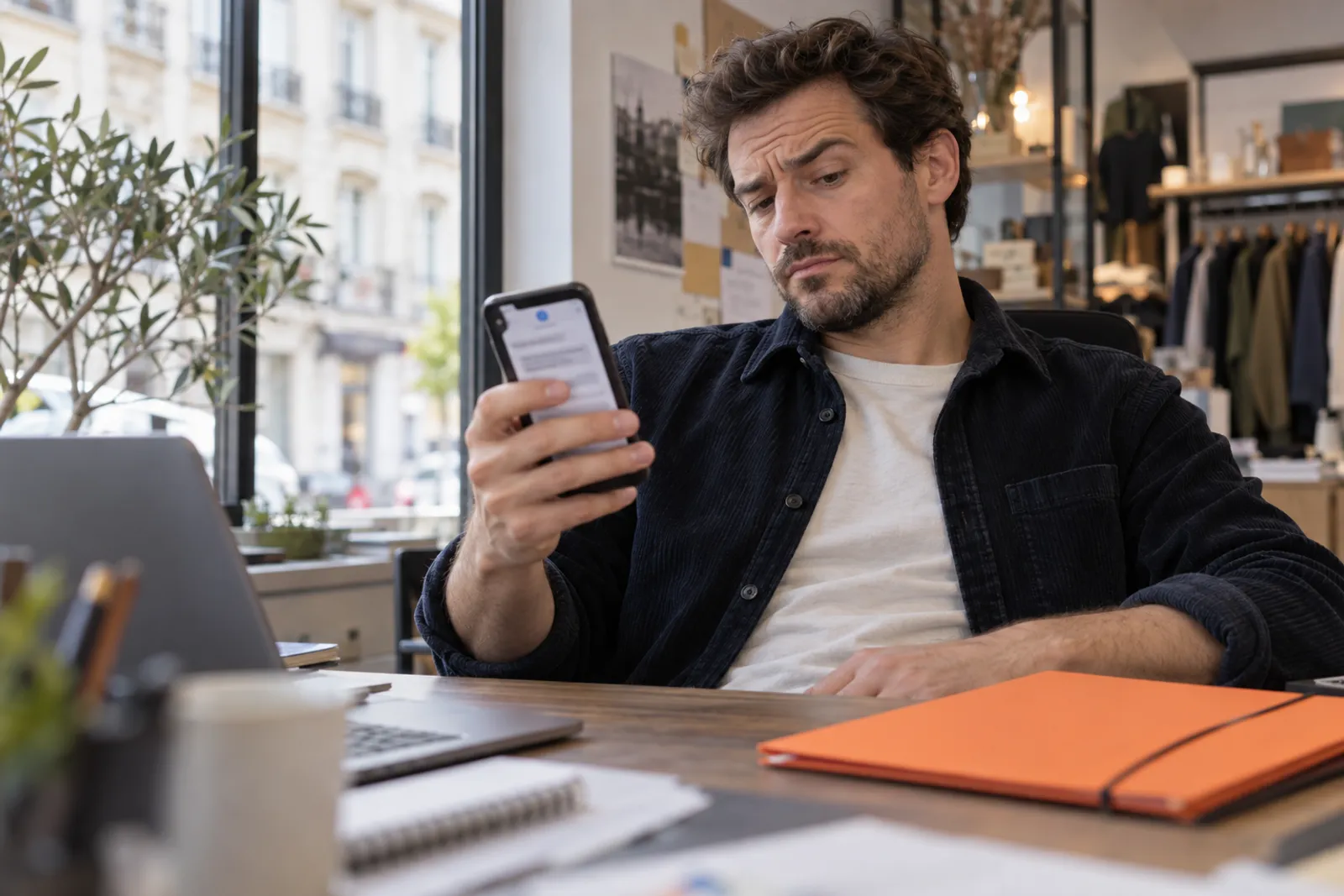 Un gérant regarde avec méfiance un message non sollicité reçu sur son téléphone.