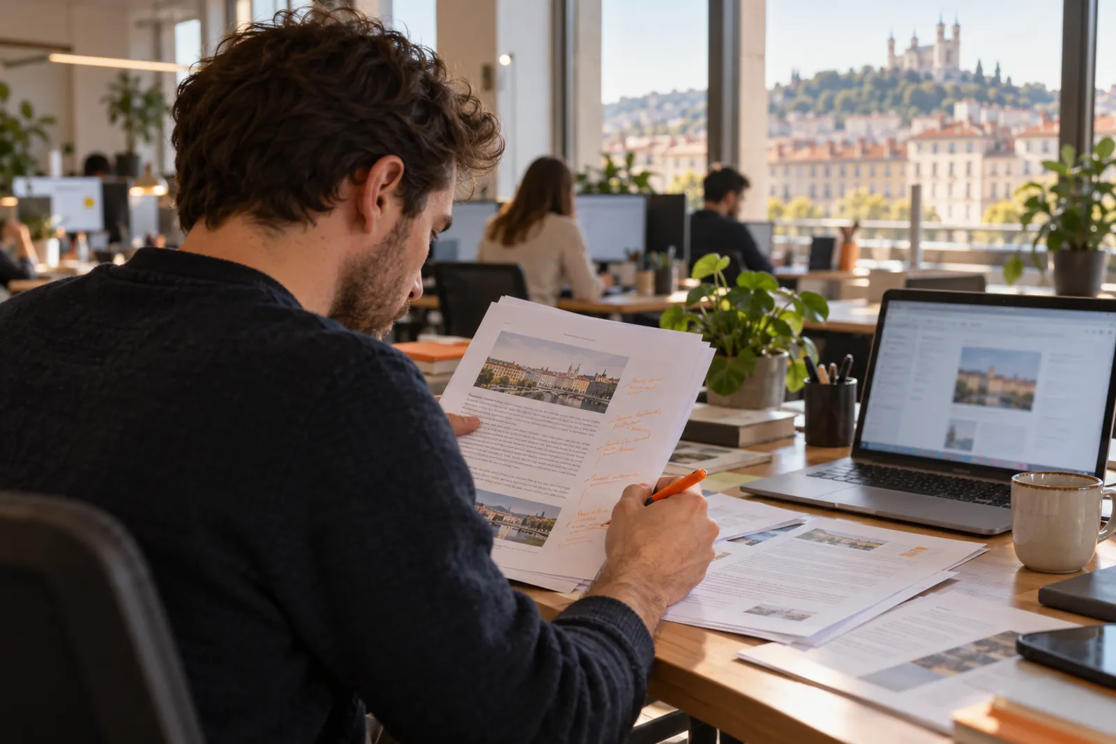 Un responsable marketing relit des brouillons d’articles imprimés et les annote au stylo.
