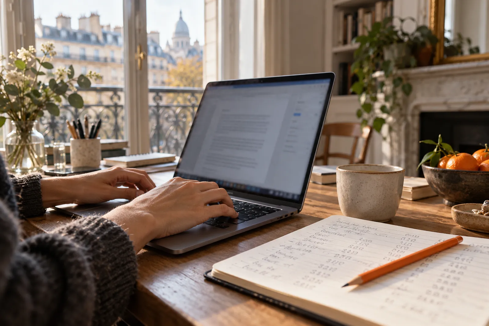 Les mains d’un rédacteur indépendant tapent un texte sur un ordinateur, à côté d’un carnet couvert de chiffres.