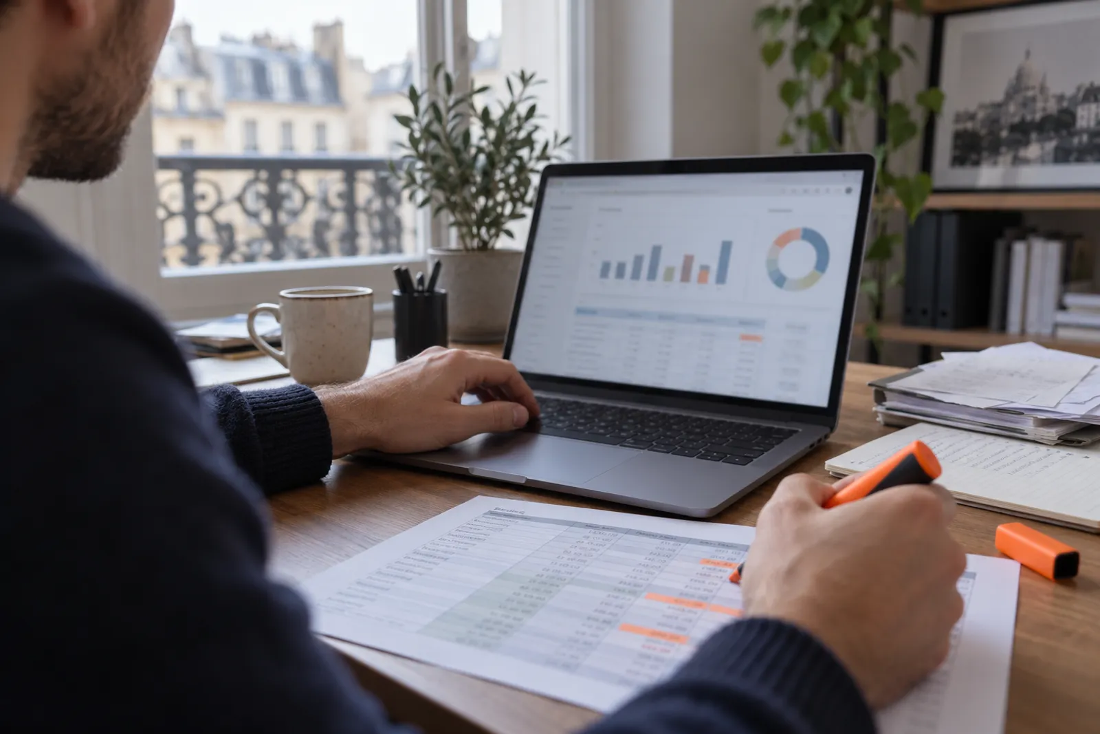 Les mains d’un entrepreneur règlent un budget mensuel sur un ordinateur, un tableau imprimé à côté.