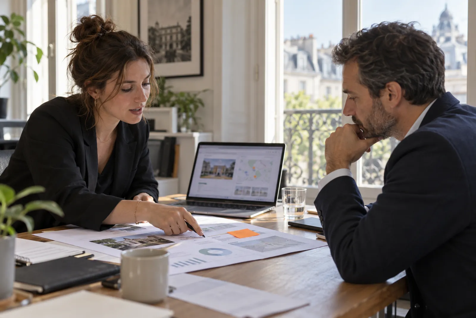 Un consultant présente un rapport d’audit de site à un dirigeant autour d’une table de réunion.