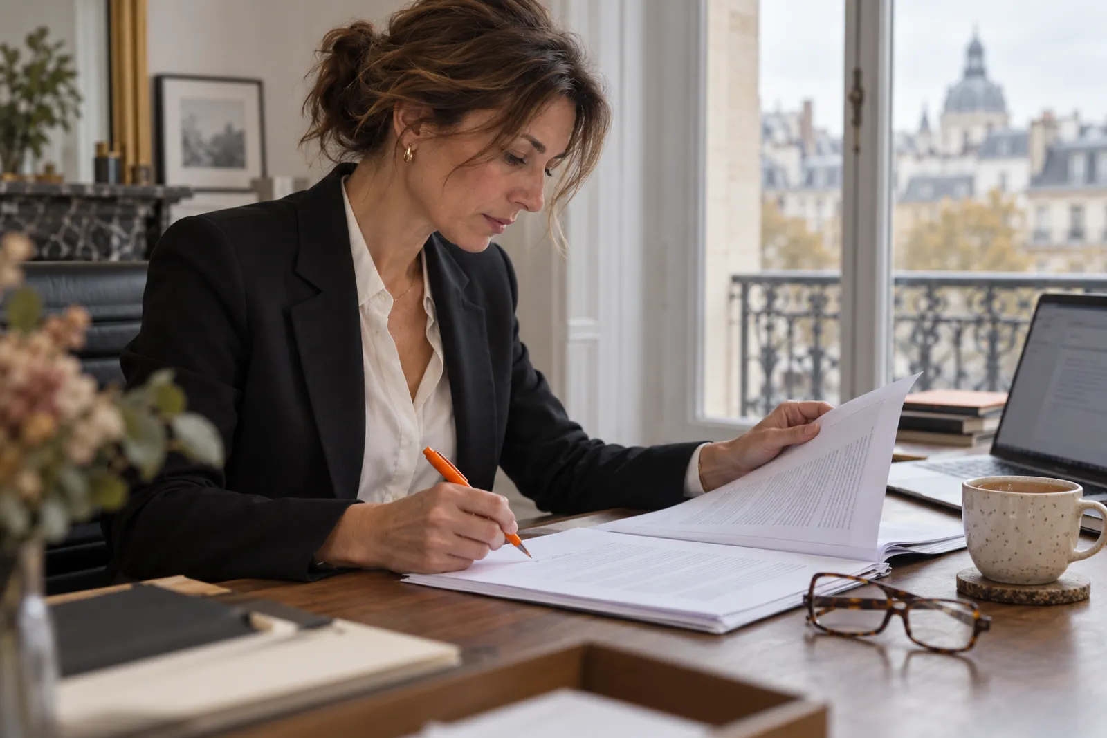 Une dirigeante relit un devis de plusieurs pages, stylo en main, avant de le signer.