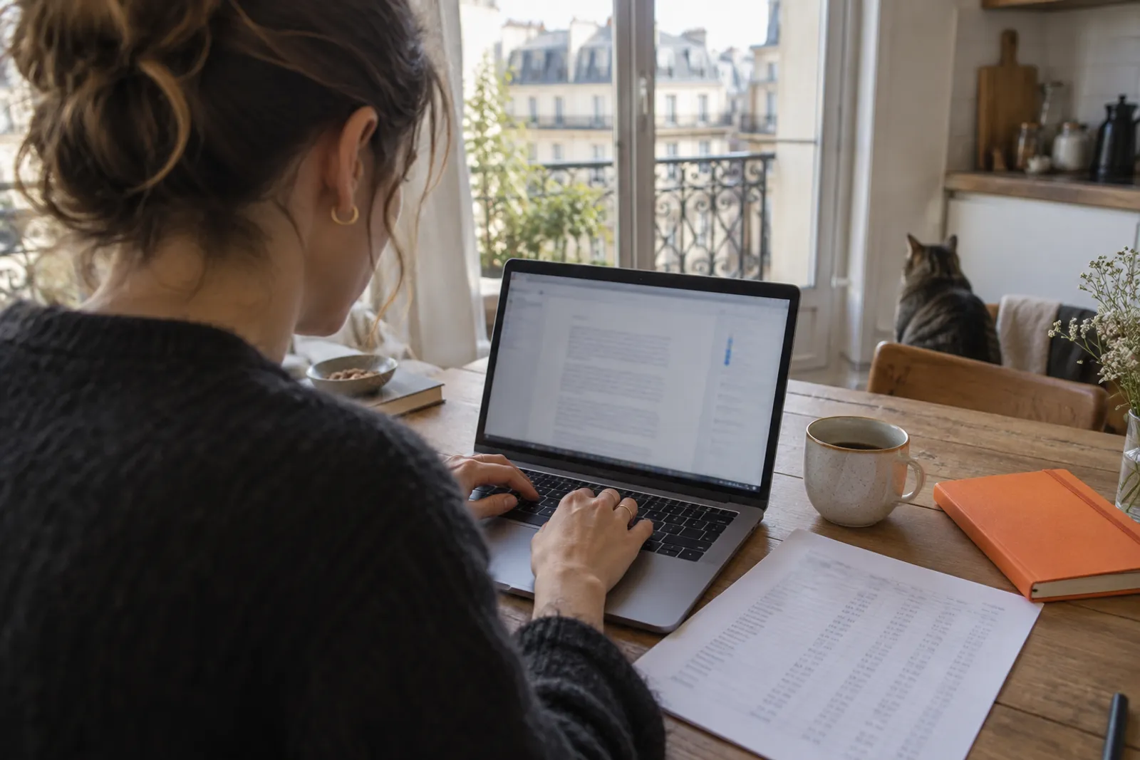 Les mains d’une rédactrice indépendante sur le clavier de son ordinateur, à côté d’une feuille de chiffres, dans un appartement parisien.