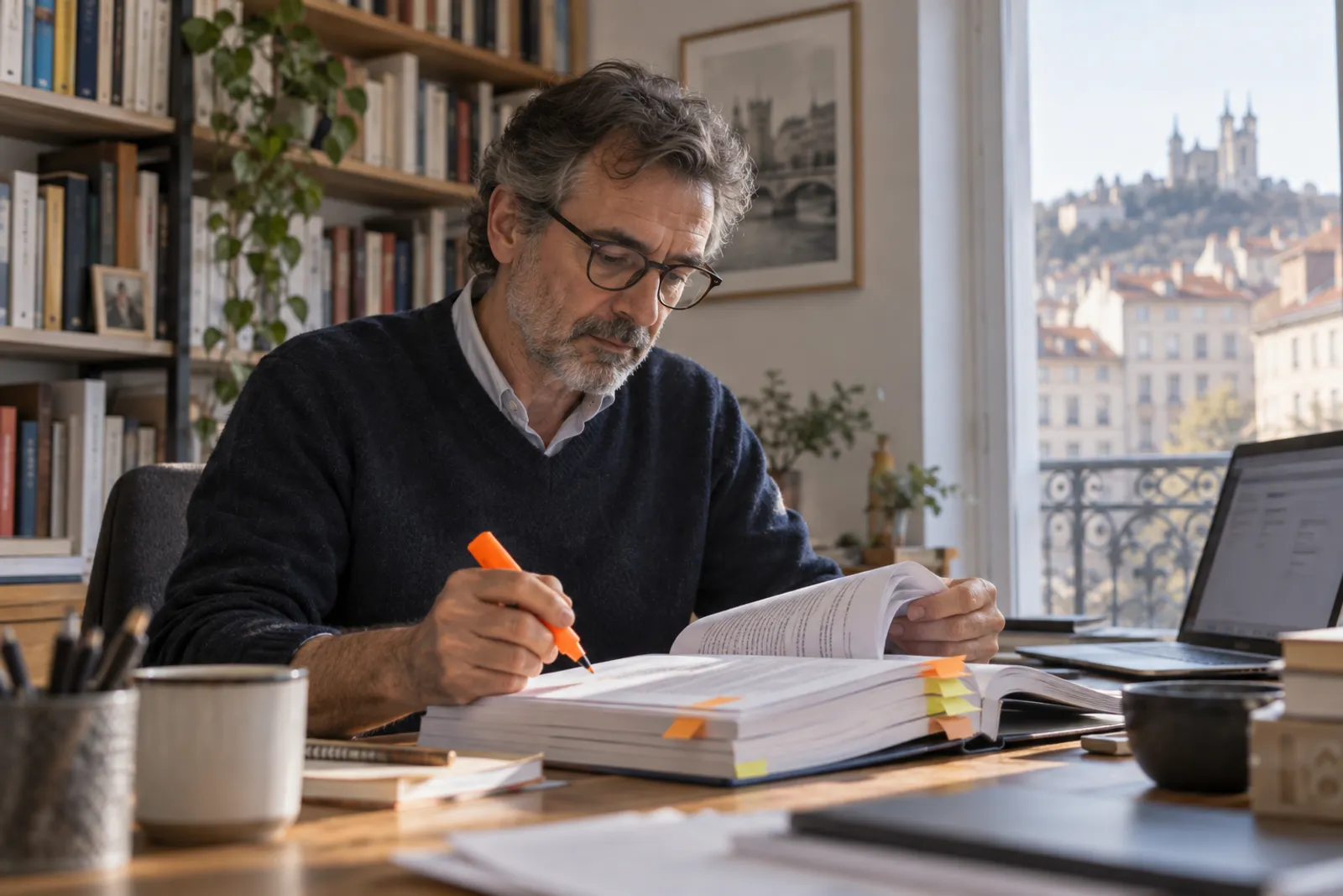 Un rédacteur spécialisé annote un épais document technique dans son bureau, un surligneur à la main.