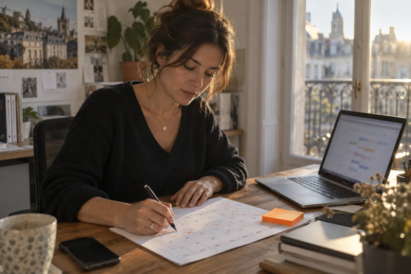 Une responsable de petite entreprise suit le calendrier de publication de son blog sur un agenda papier, à côté de son ordinateur.