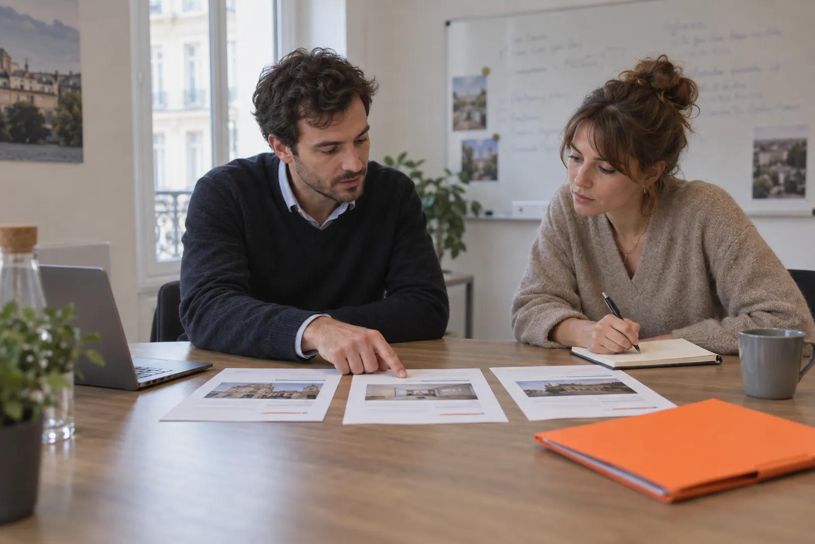 Deux collègues comparent trois offres imprimées étalées sur la table d’une petite salle de réunion.