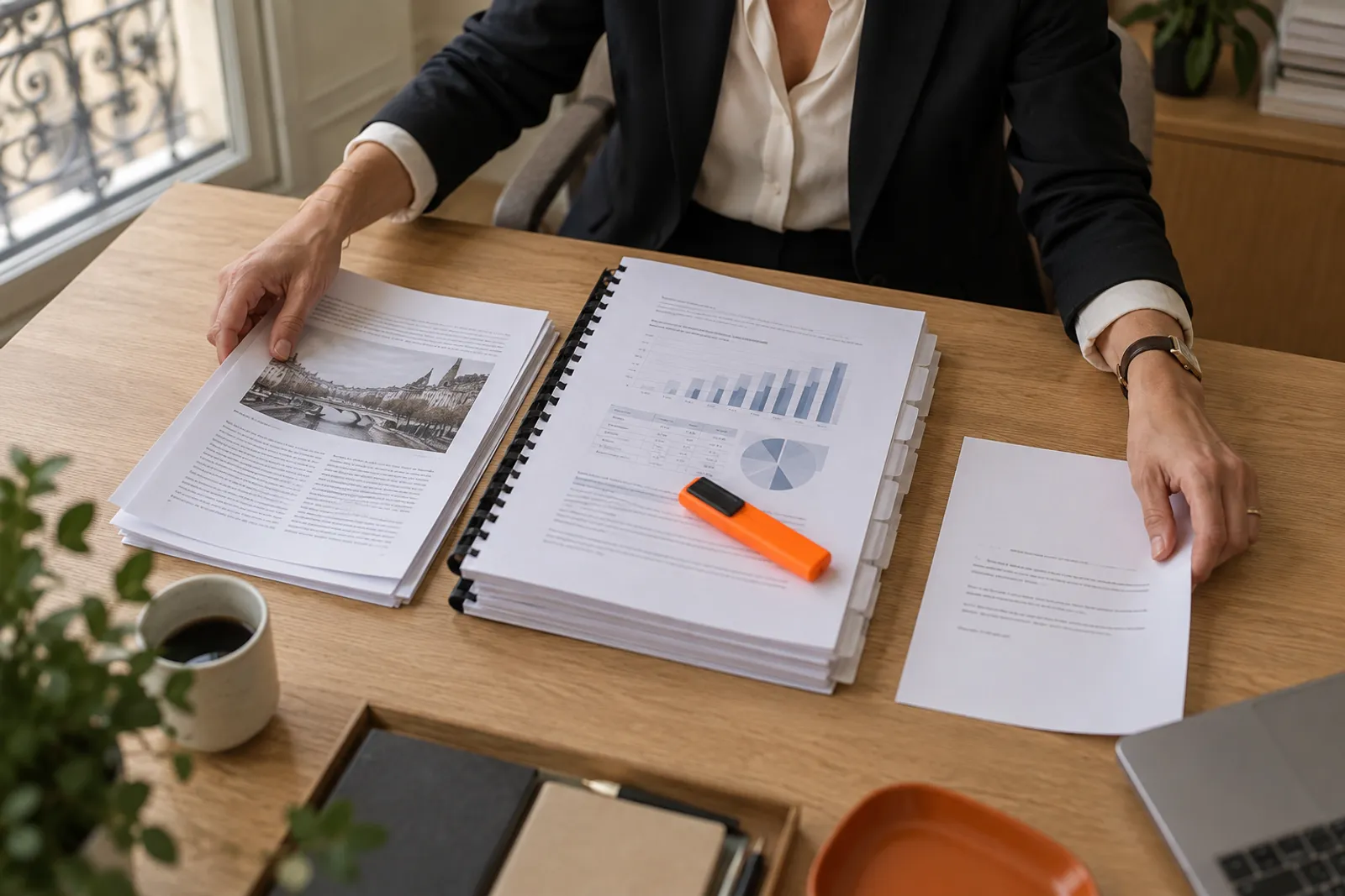 Trois piles de documents sur une table, un article, un épais rapport d’audit et une feuille simple, avec un surligneur.