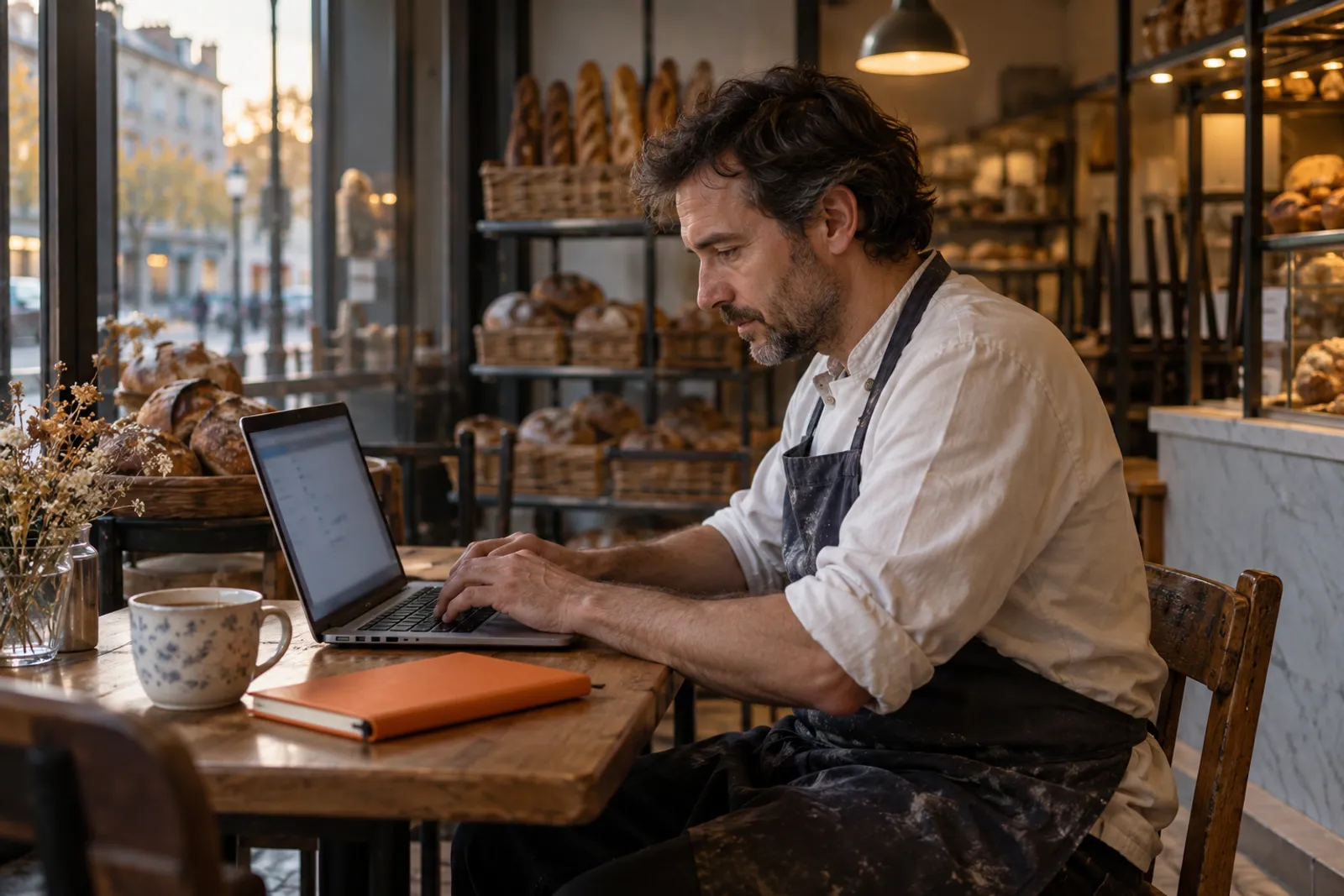 Un boulanger travaille seul sur son ordinateur dans sa boutique fermée, après la journée.