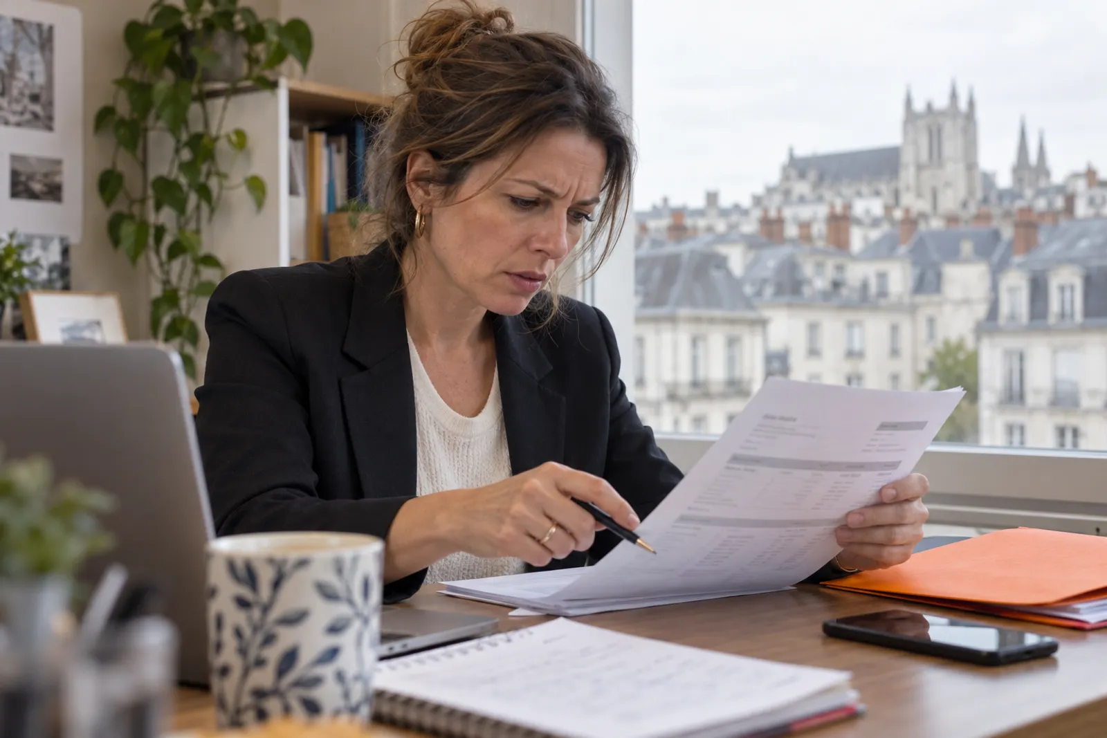 Une dirigeante relit un devis imprimé en pointant une ligne avec son stylo, l’air attentif.